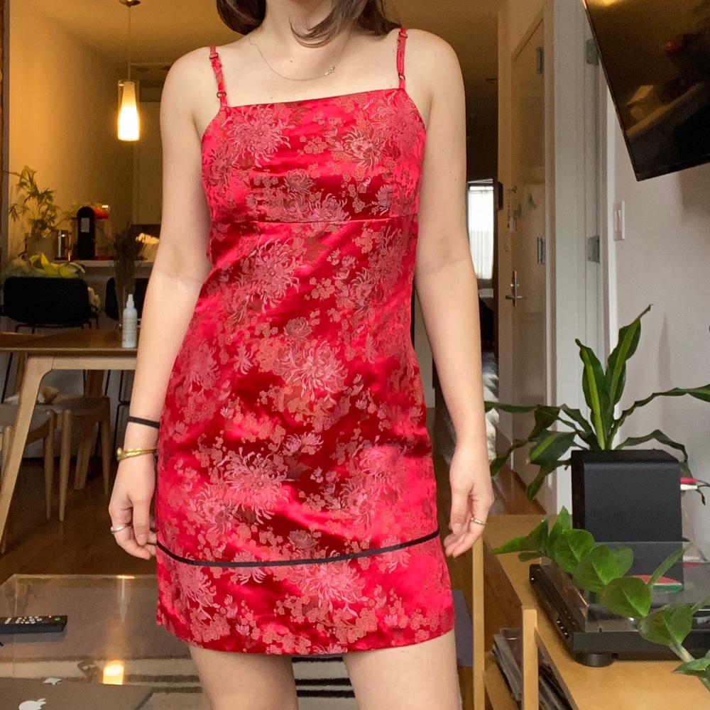 90s vintage square-neck red brocade silk dress, Chinese cheongsam/qipao inspired